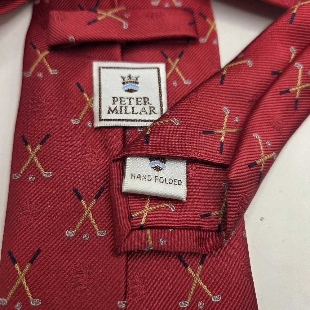 Vtg Peter Millar Crossed Golf Club Tie Red Hand Folded Y2K Tie 3x60
